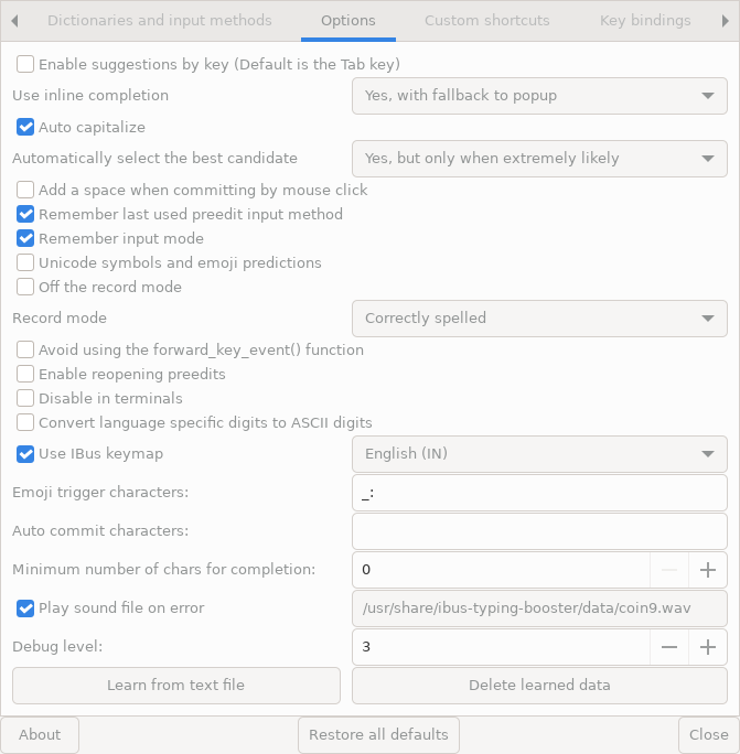 Screenshot of the Options-Tab of the Typing Booster setup tool